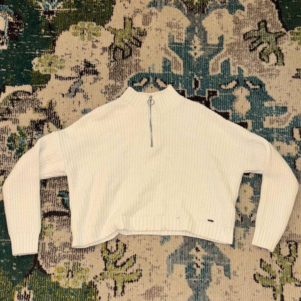 White Ribbed Half-Zip Sweater